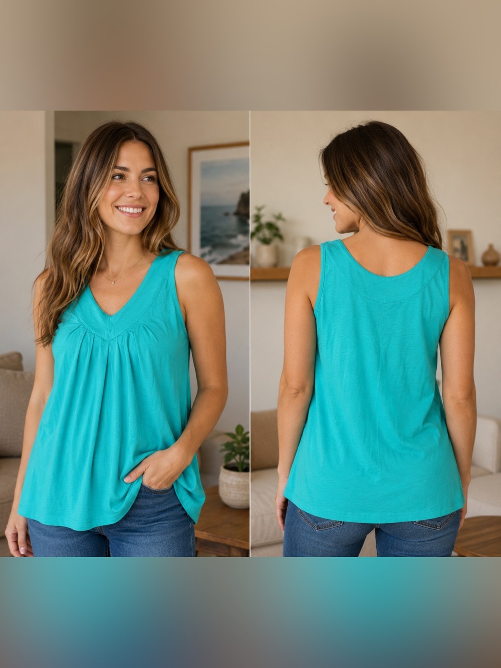 Essentials V-Neck Tank Top - Teal Blue Size Medium-EUC
